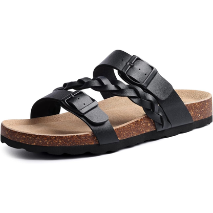 Effortless Braided Buckle Slide Sandal for Women with Cork Footbed Double Strap Casual Style