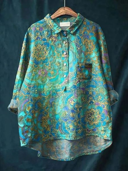 Effortless Floral Print Blouse for Women with Collar Long Sleeve Button Front Relaxed Curved Hem Style