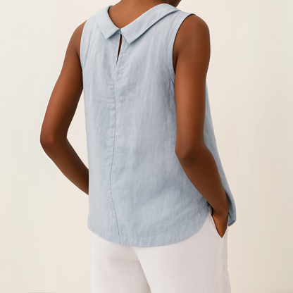 Effortless Linen Blouse for Women with Foldover Collar Sleeveless Keyhole Back Relaxed Style