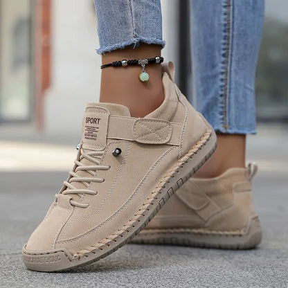 Comfortable Leather Sneaker for Women with Lace Up Velcro Strap Stitched Casual Style