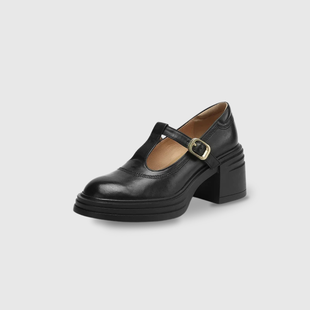 Elegant Leather Mary Jane Platform Heels for Women with T Strap Buckle Round Toe Chunky Heel Style