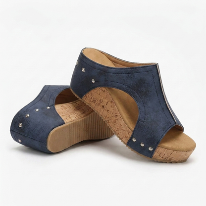 Comfortable Wedge Sandals for Women with Studded T Strap Cork Platform Peep Toe Slide Style