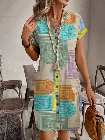 Effortless Multicolor Geometric Print Shirt Dress for Women with V Neck Short Sleeve Button Front Boho Style