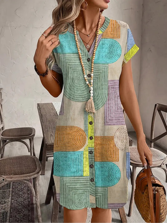 Effortless Multicolor Geometric Print Shirt Dress for Women with V Neck Short Sleeve Button Front Boho Style