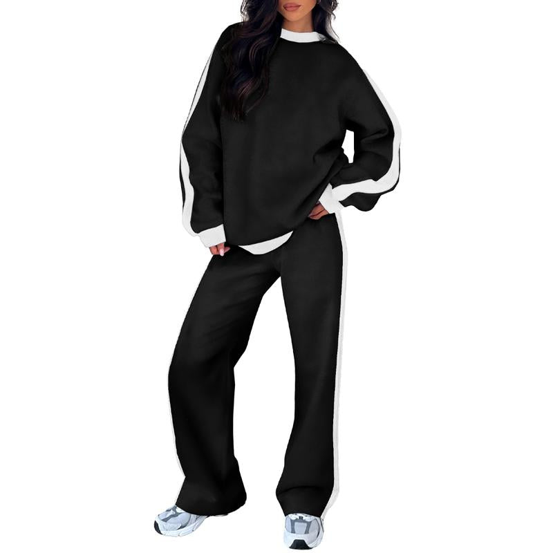Effortless Colorblock Sweat Set for Women with Crewneck Long Sleeve Wide Leg Relaxed Style