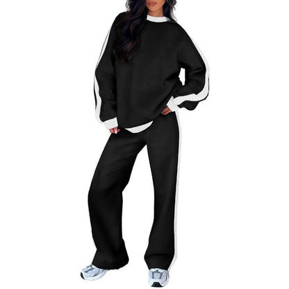 Effortless Colorblock Sweat Set for Women with Crewneck Long Sleeve Wide Leg Relaxed Style