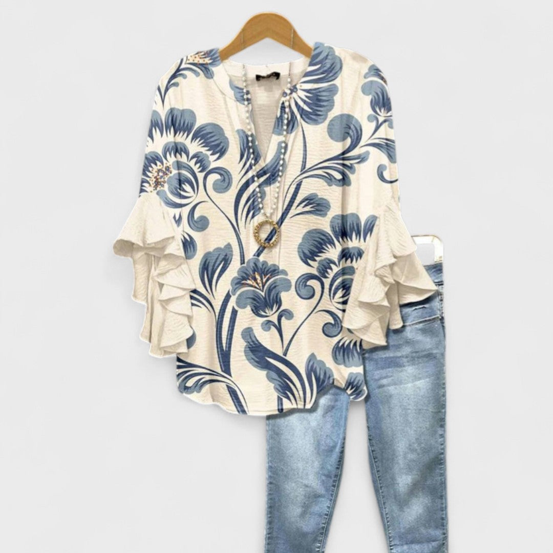 Effortless Floral Print Blouse for Women with V Neck Bell Sleeve Ruffle Flowing Boho Style
