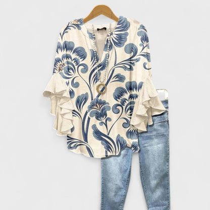 Effortless Floral Print Blouse for Women with V Neck Bell Sleeve Ruffle Flowing Boho Style