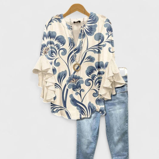 Effortless Floral Print Blouse for Women with V Neck Bell Sleeve Ruffle Flowing Boho Style