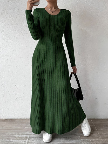 Elegant Ribbed Knit Maxi Dress for Women with V Neck Long Sleeve Fitted Flowing Style