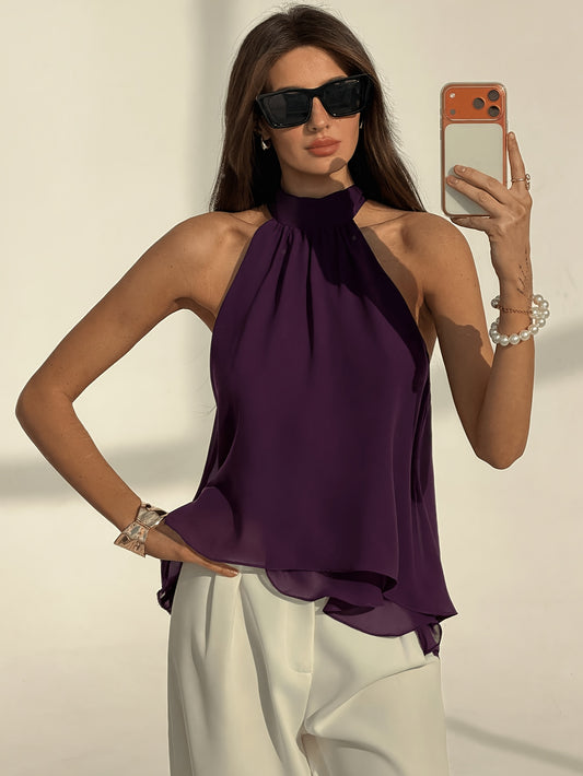 Elegant Purple Chiffon Blouse for Women with Halter Neck Sleeveless Flowing Silky Style