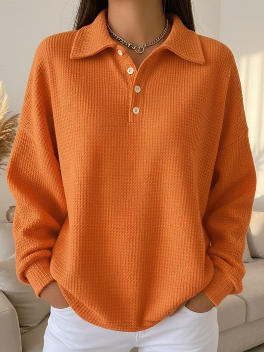Comfortable Waffle Knit Polo Sweater for Women with Collared Long Sleeve Button Front Oversized Style