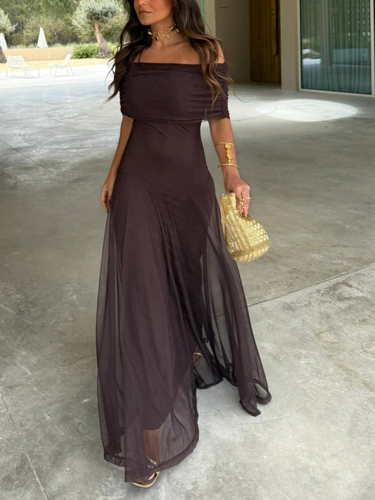 Elegant Mesh Maxi Dress for Women with Off Shoulder Ruched Bodice Flowing Evening Style
