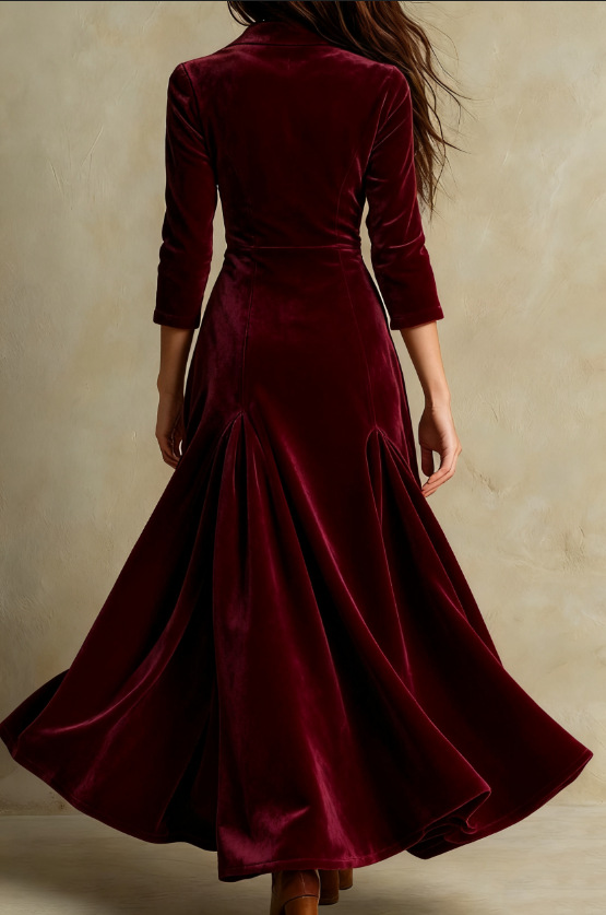 Elegant Velvet Maxi Dress for Women with Notch Lapel Collar Elbow Sleeve Button Front Flared Vintage Style
