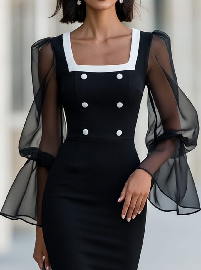 Elegant Black Mesh Midi Dress for Women with Square Neck Bell Sleeve Button Detail Bodycon Cocktail Style