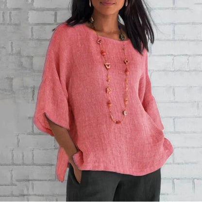 Effortless Linen Blouse for Women with Round Neck Batwing Sleeve Relaxed Oversized Style