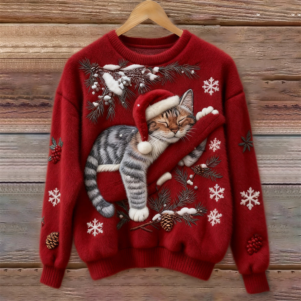 Comfortable Christmas Cat Print Sweater for Women with Crew Neck Long Sleeve Embroidered Fuzzy Knit Style