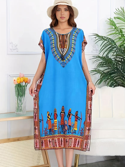 Effortless Tribal Print Kaftan Maxi Dress for Women with V Neck Short Sleeve Flowing Bohemian Style