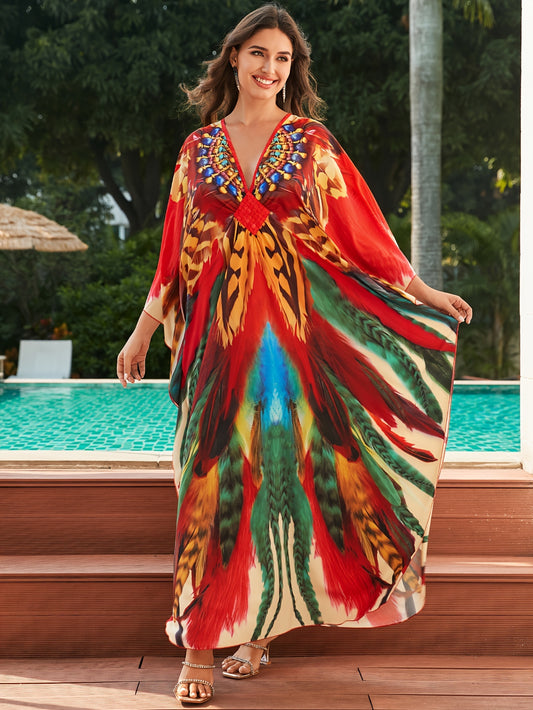 Elegant Multicolor Maxi Dress for Women with Feather Print Kaftan Batwing Sleeve Flowing Style