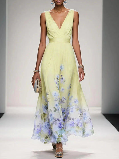 Elegant Floral Maxi Dress for Women with V Neck Sleeveless Pleated Waist Flowing Wedding Guest Style