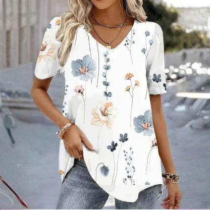 Effortless Floral Tunic Top for Women with V Neck Short Sleeve Curved Hem Relaxed Casual Style