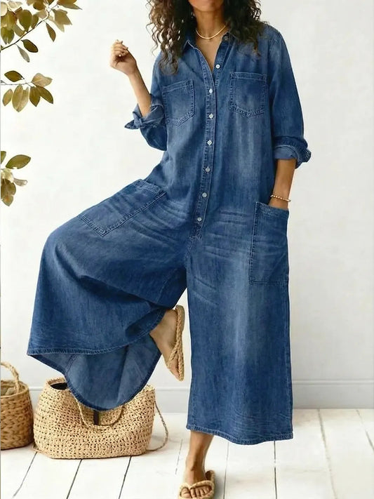 Effortless Denim Wide Leg Jumpsuit for Women with Collar Long Sleeve Button Front Patch Pocket Casual Style