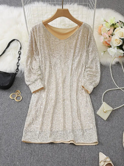 Elegant Sequin Mini Dress for Women with Off Shoulder Long Sleeve Bodycon Sparkle Formal Party Style