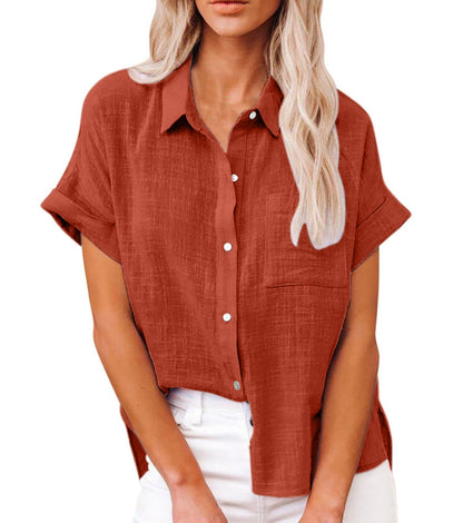 Effortless Linen Blouse for Women with Collar Short Sleeve Button Front Relaxed Style