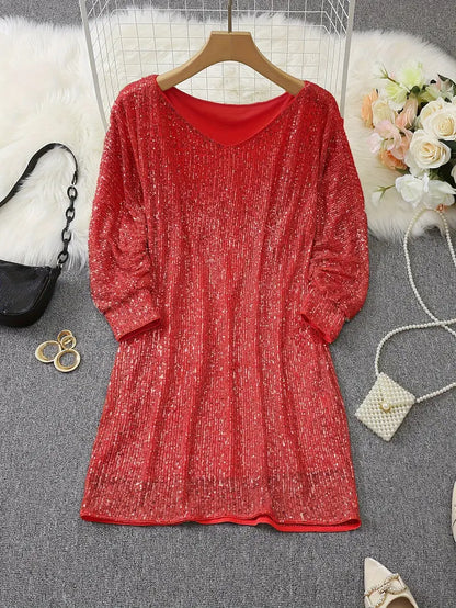 Elegant Sequin Mini Dress for Women with Off Shoulder Long Sleeve Bodycon Sparkle Formal Party Style