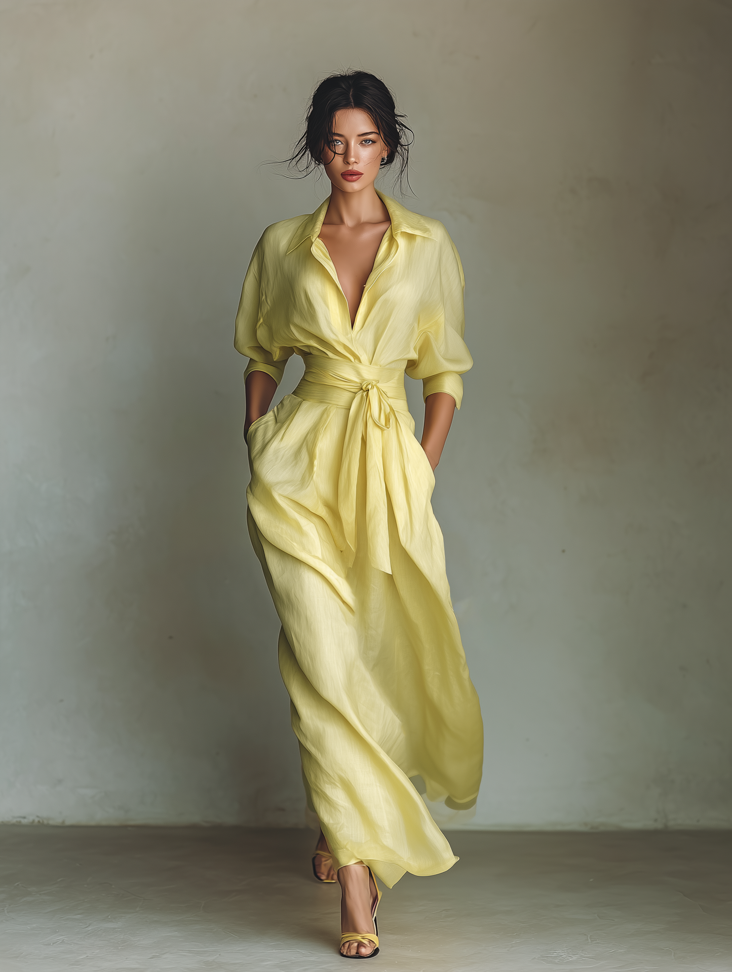 Effortless Yellow Linen Maxi Dress for Women with V Neck Elbow Sleeve Belted Wrap Flowing Style