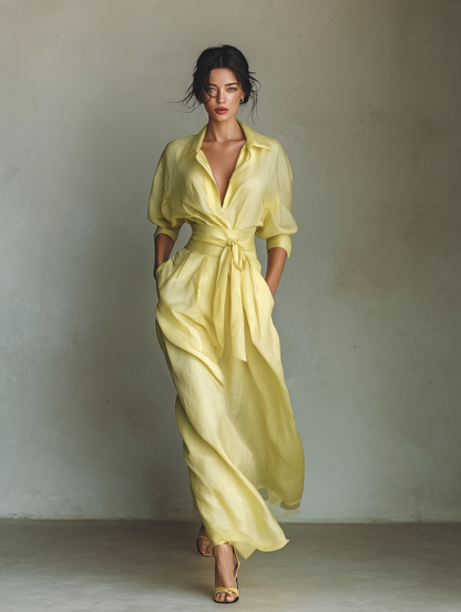 Effortless Yellow Linen Maxi Dress for Women with V Neck Elbow Sleeve Belted Wrap Flowing Style