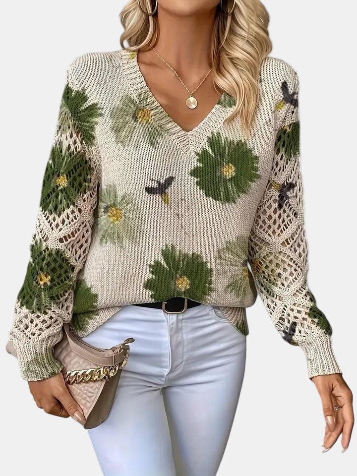 Comfortable Floral Crochet Sweater for Women with V Neck Long Sleeve Relaxed Oversized Knit Style