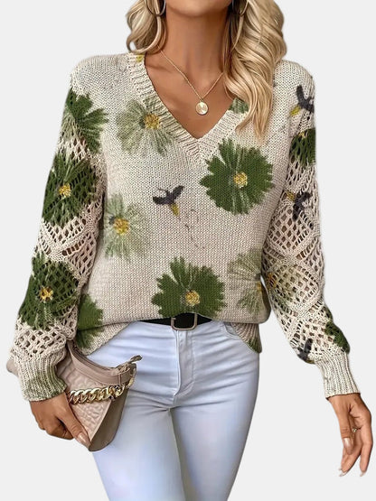 Comfortable Floral Print Sweater for Women with V Neck Long Sleeve Crochet Panel Oversized Knit Style