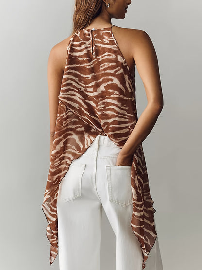 Elegant Brown Zebra Print Halter Top for Women with High Neck Sleeveless Wrap Asymmetrical Style