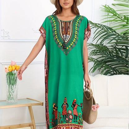 Effortless Tribal Print Kaftan Maxi Dress for Women with V Neck Short Sleeve Flowing Bohemian Style