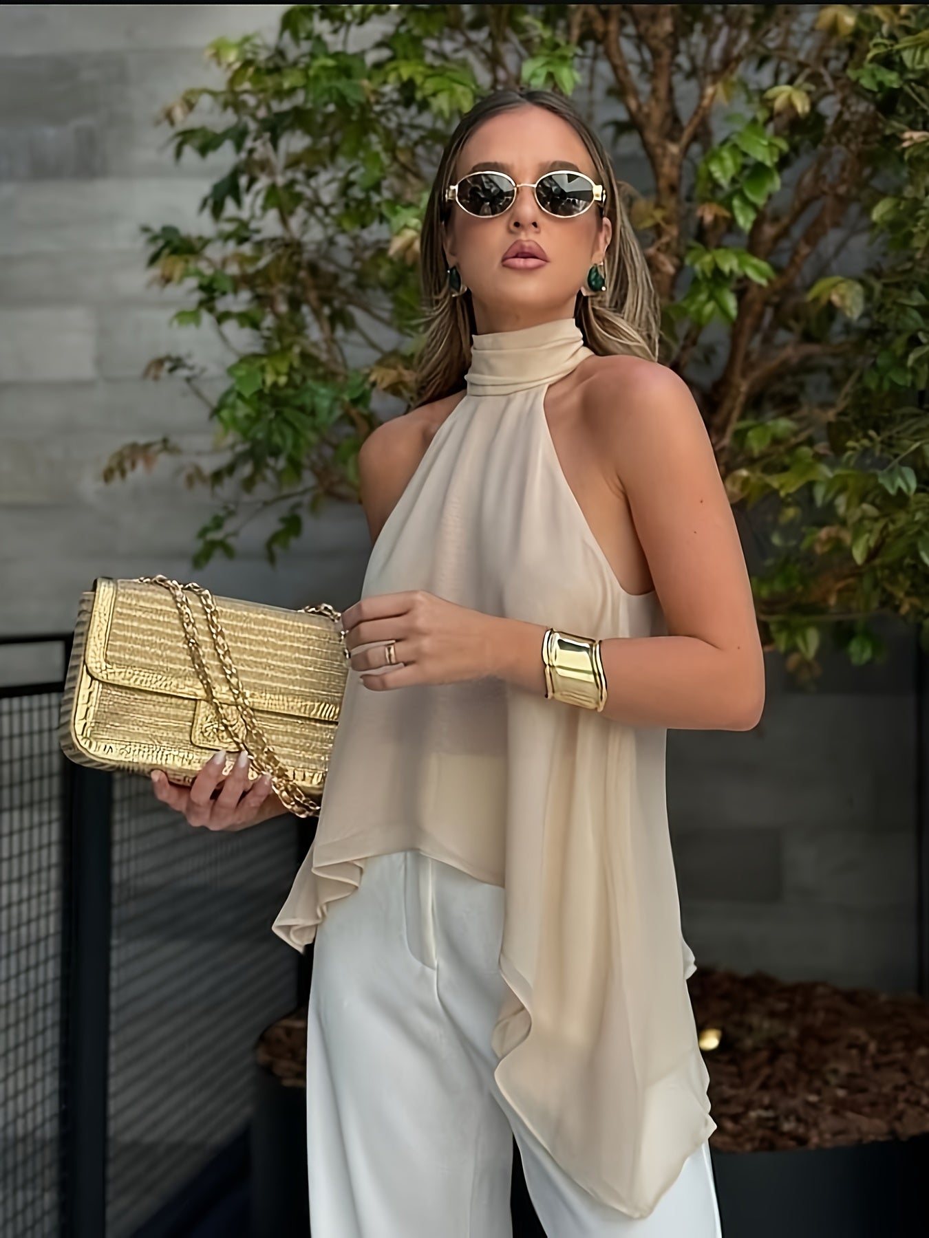 Effortless Silky Halter Top for Women with Mock Neck Sleeveless Handkerchief Hem Flowing Style