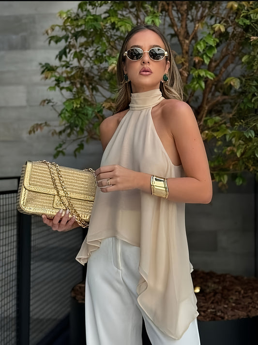 Effortless Silky Halter Top for Women with Mock Neck Sleeveless Handkerchief Hem Flowing Style