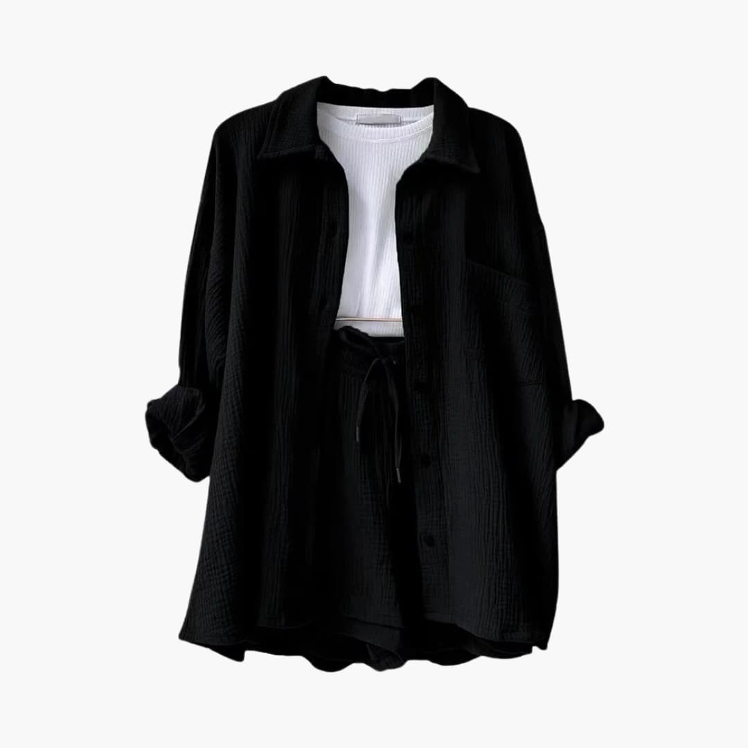 Effortless Textured Cotton Two Piece Set for Women with Collared Long Sleeve Button Front Drawstring Shorts Relaxed Style