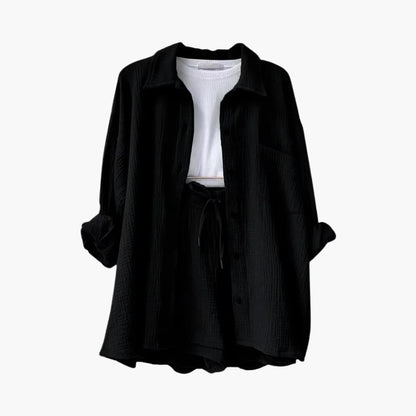 Effortless Textured Cotton Two Piece Set for Women with Collared Long Sleeve Button Front Drawstring Shorts Relaxed Style