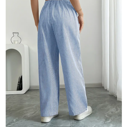 Effortless Striped Linen Wide Leg Pants for Women with High Waist Drawstring Relaxed Flowing Casual Style