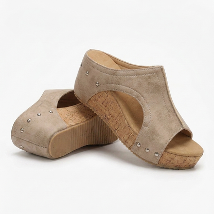 Comfortable Wedge Sandals for Women with Studded T Strap Cork Platform Peep Toe Slide Style