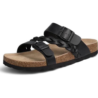 Effortless Braided Buckle Slide Sandal for Women with Cork Footbed Double Strap Casual Style