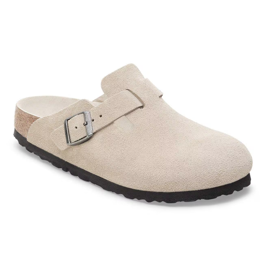 Comfortable Clogs for Women with Suede Upper Buckle Strap Contoured Cork Footbed Style