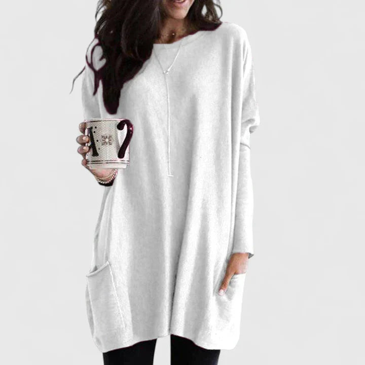 Comfortable Oversized Tunic Top for Women with Round Neck Long Sleeve Relaxed Pocket Casual Style