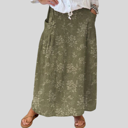 Effortless Floral Print Maxi Skirt for Women with Drawstring Waist Pleated A Line Bohemian Style