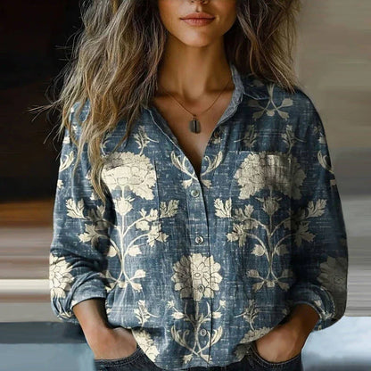 Effortless Boho Print Blouse for Women with Collar Long Sleeve Button Front Casual Style