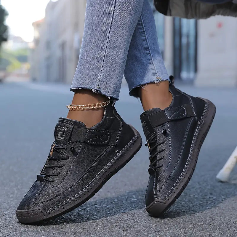 Comfortable Leather Sneaker for Women with Lace Up Velcro Strap Stitched Casual Style