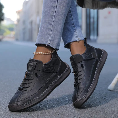 Comfortable Leather Sneaker for Women with Lace Up Velcro Strap Stitched Casual Style