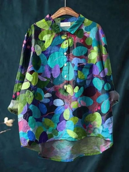 Effortless Floral Print Blouse for Women with Collar Long Sleeve Button Front Relaxed Curved Hem Style
