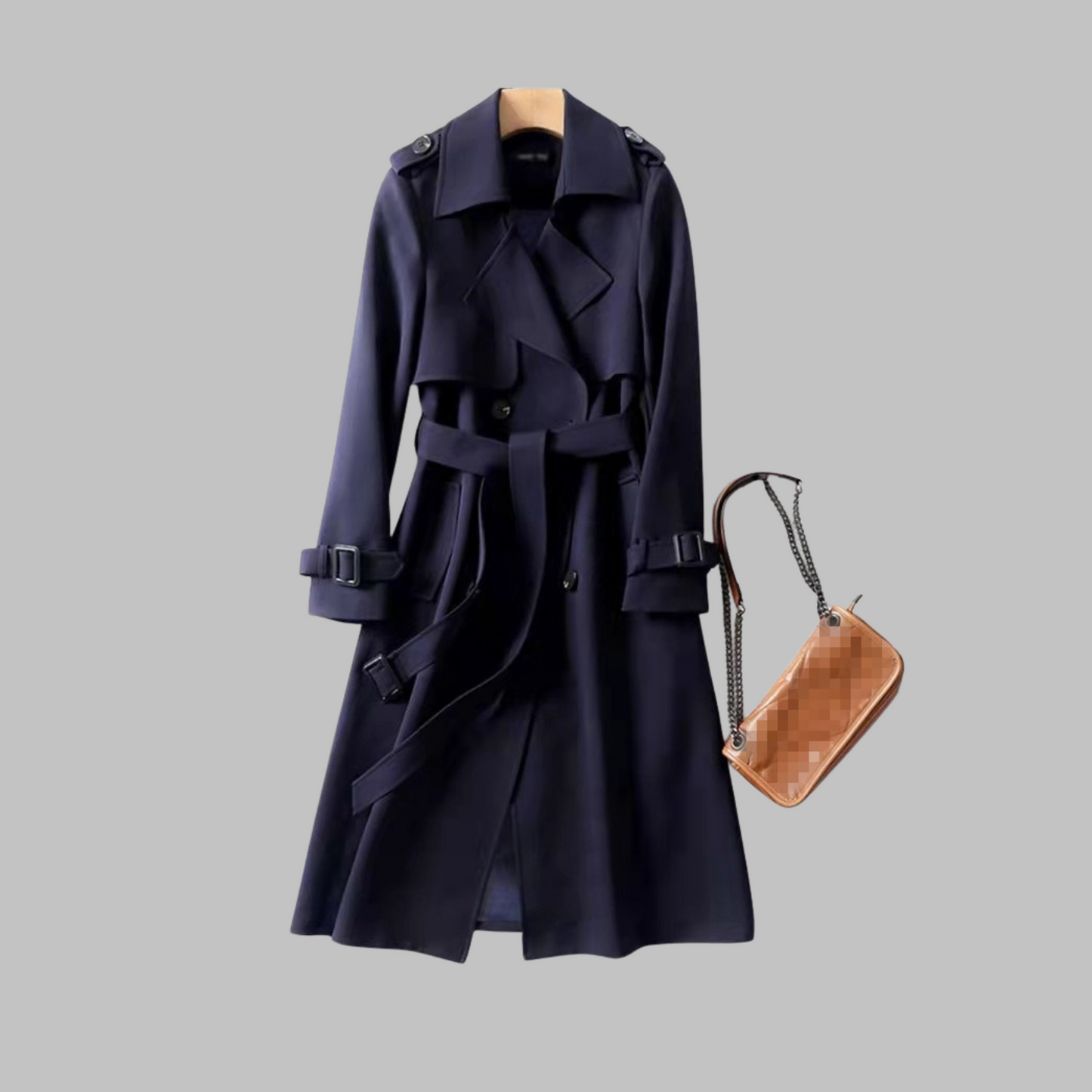 Elegant Double Breasted Trench Coat for Women with Notched Lapel Long Sleeve Belted Flowing Style